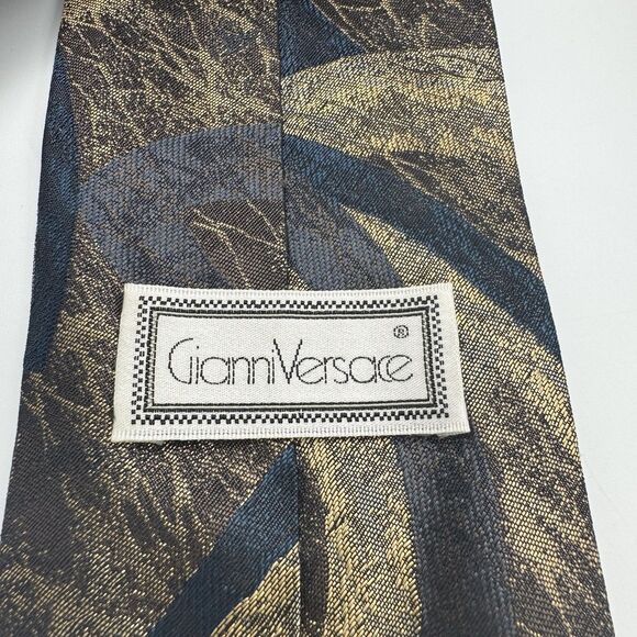 GIANNI VERSACE Tie Navy Gray Silver Brown Geometric Pattern 100% Silk Japan - Picture 3 of 4